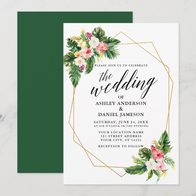 Tropical Floral Calligraphy Gold Frame Wedding Invitation (Front/Back)