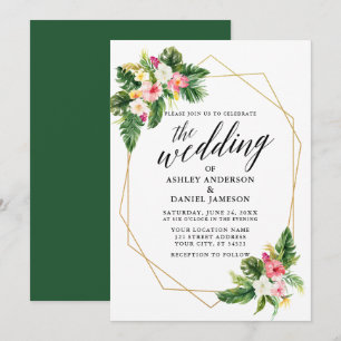 Tropical Floral Calligraphy Gold Frame Wedding Invitation