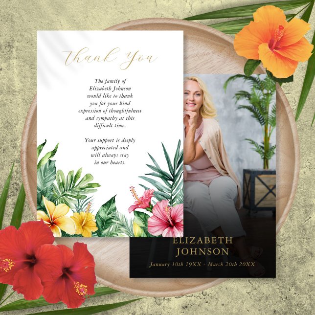 Tropical Floral Celebration Of Life Funeral Photo Thank You Card (Tropical Floral Celebration Of Life Funeral Photo Thank You Card)