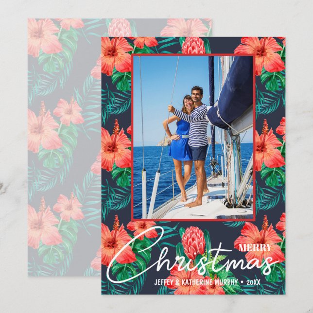 Tropical Floral Christmas Photo Holiday Card (Front/Back)