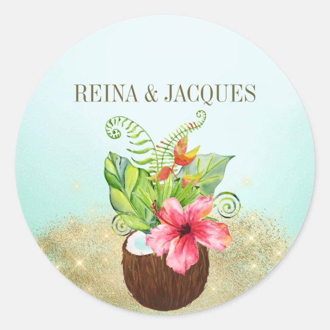 Tropical Floral Coconut Palm Wedding Seals Sticker (Front)