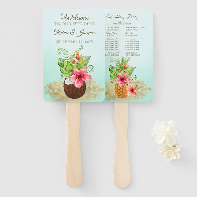 Tropical Floral Coconut Pineapple Wedding Party Hand Fan (Front and Back)