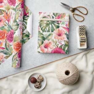 Tropical Floral Colourful   Hibiscus & Greenery Wrapping Paper
