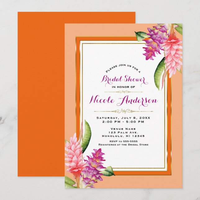 Tropical Floral Coral Orange & Gold Bridal Shower Invitation (Front/Back)