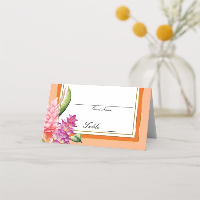 Tropical Floral Coral Orange Table Seat Number Place Card (Back)