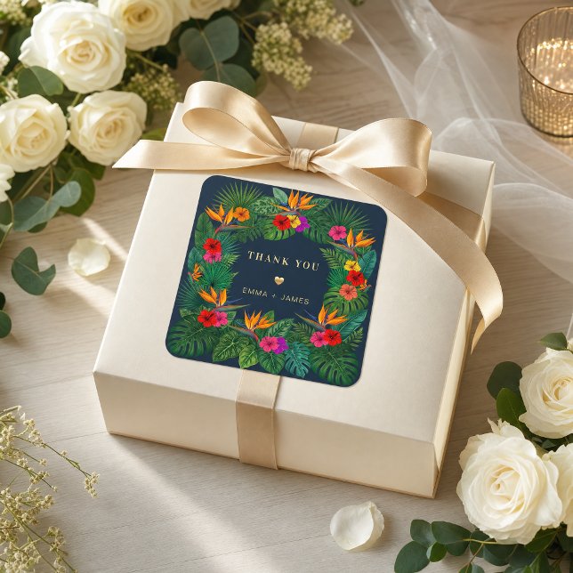 Tropical Floral Design | Hibiscus & Greenery Square Sticker (#tropical #colorfulthankyousticker #favorwedding #summerlabel #floralthankyou #elegantgreenery )