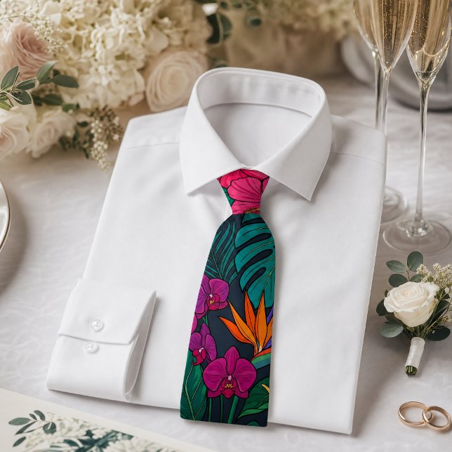 Tropical Floral Design | Hibiscus & Greenery Tie (weddingtie #tropicaltie #giftformen #giffordad #tropical #floraltie #greenerytie #summertie)