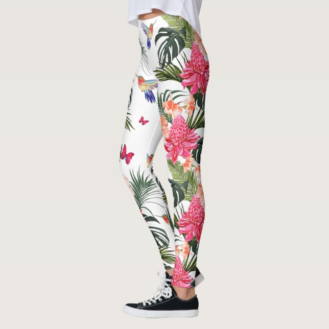 Tropical Floral Design, Hummingbirds, Butterflies Leggings (Left)