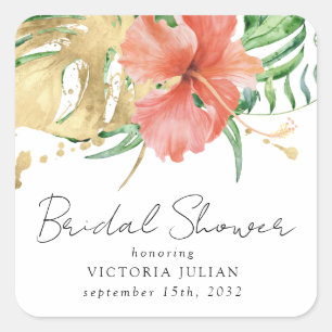 Tropical Floral Destination Wedding Bridal Shower Square Sticker