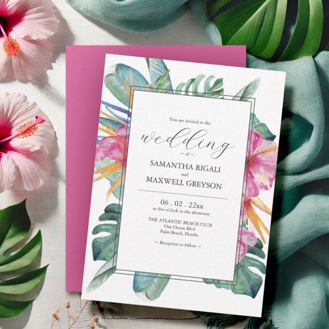 Tropical Floral Destination Wedding Invitations (Tropical wedding invitations watercolor floral and palm leaf art Victoria Grigaliunas DoTellABelle)