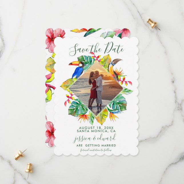 Tropical Floral Diamond Wreath Hawaii Photo Save The Date (Front/Back In Situ)