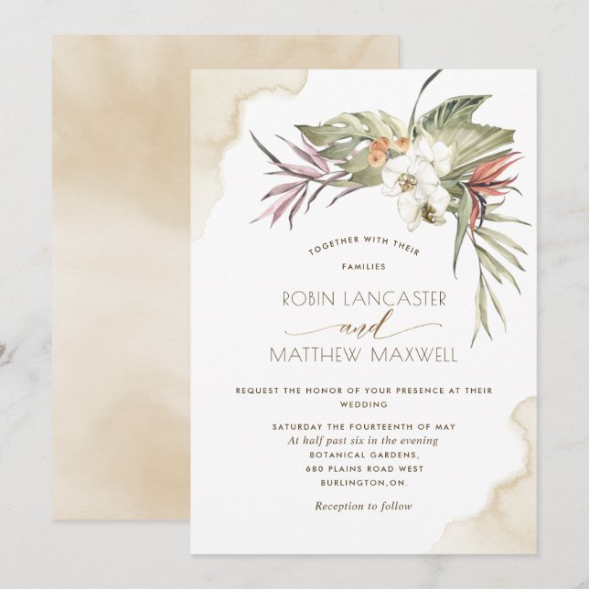 Tropical Floral  Dried Palm Leaves, Cream Wedding Invitation (Front/Back)