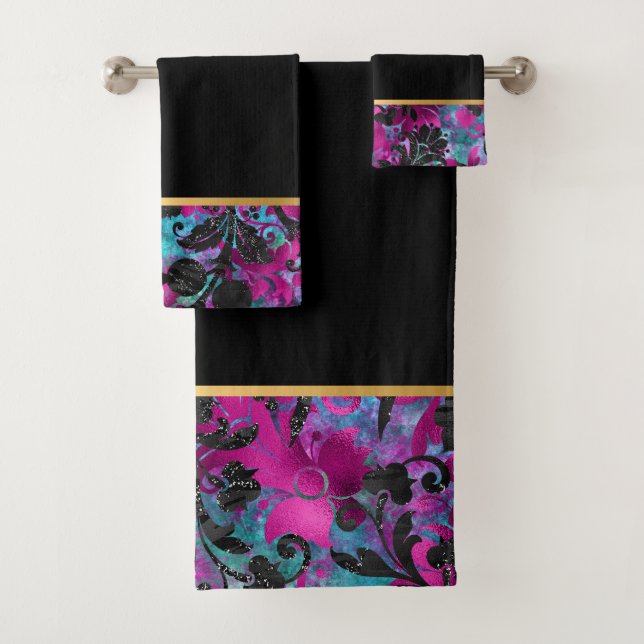 TROPICAL FLORAL ELEGANCE BLACK BATHROOM TOWEL SET (Insitu)