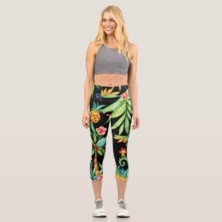 Tropical Floral Exotic Black Leggings