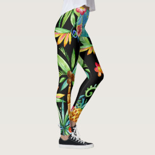 Tropical Floral Exotic Black Leggings