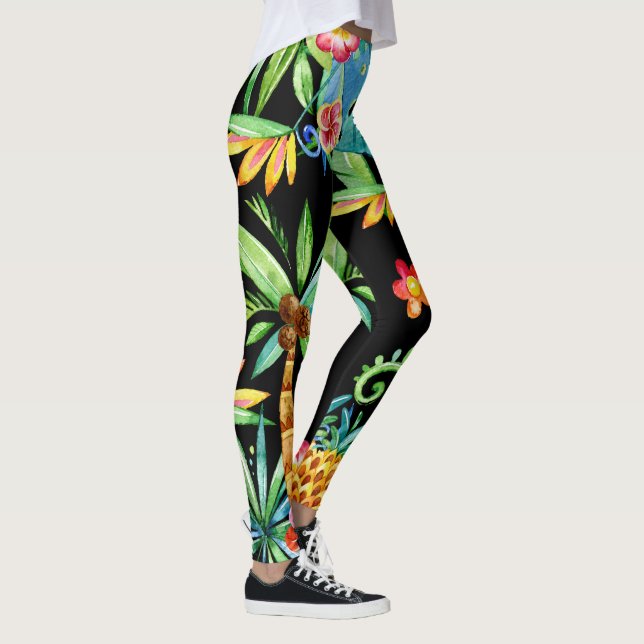 Tropical Floral Exotic Black Leggings (Right)