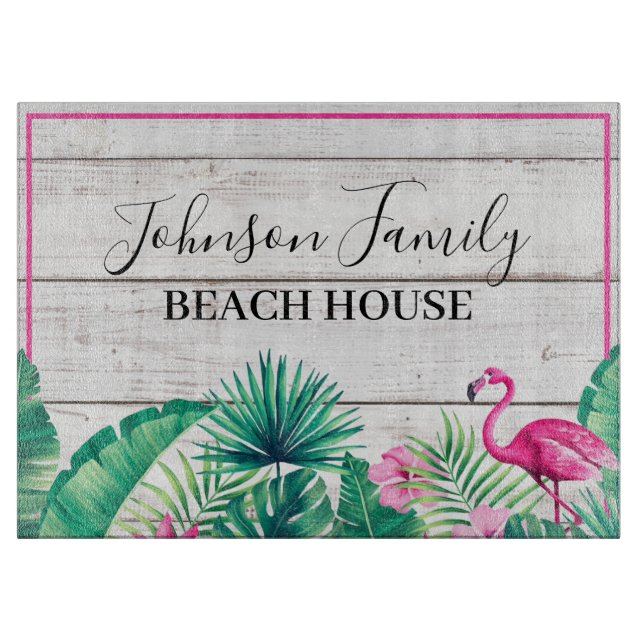 Tropical Floral Family Name Beach House Cutting Board (Front)