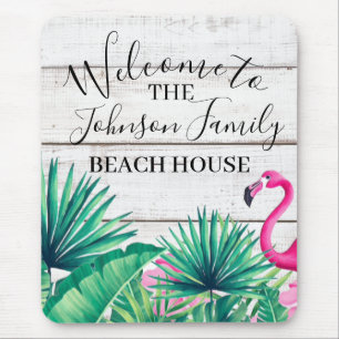 Tropical Floral Family Name Beach House Welcome  Mouse Mat