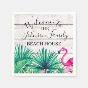 Tropical Floral Family Name Beach House Welcome  Napkin
