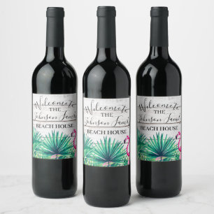 Tropical Floral Family Name Beach House Welcome Wine Label