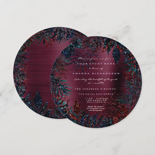 Tropical Floral Fern Leafs Framed Burgundy Glitter Invitation (Front/Back)