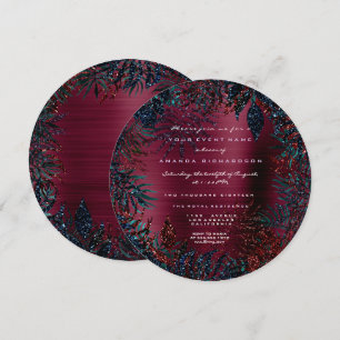 Tropical Floral Fern Leafs Framed Burgundy Glitter Invitation