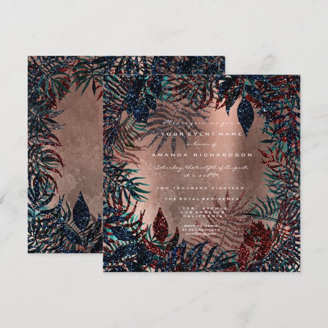 Tropical Floral Fern Leafs Framed Copper Teal Navy Invitation (Front/Back)