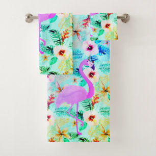 Tropical Floral Flamingo  Bath Towel Set