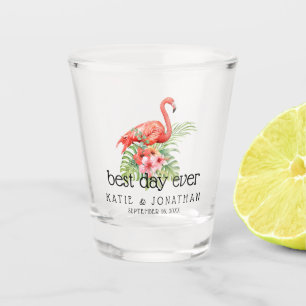 Tropical Floral Flamingo Best Day Ever Wedding Shot Glass