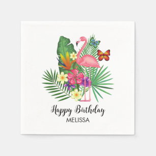 Tropical Floral Flamingo Butterflies Birthday Napkin