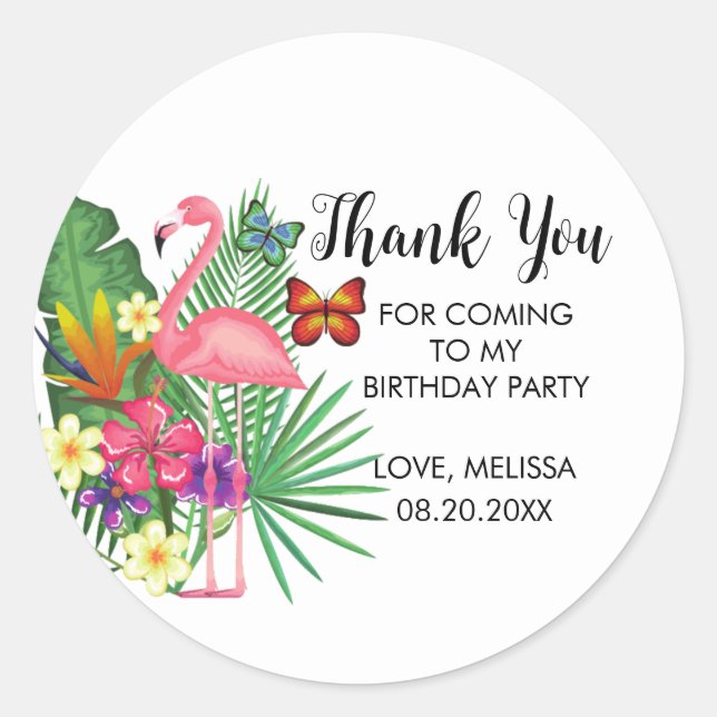 Tropical Floral Flamingo Butterflies Thank You Classic Round Sticker (Front)