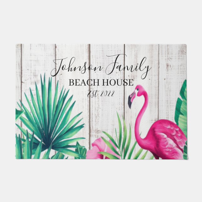 Tropical Floral Flamingo Family Name Beach House Doormat (Front)