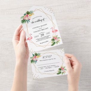 Tropical Floral Flamingo Geometric Summer Wedding All In One Invitation