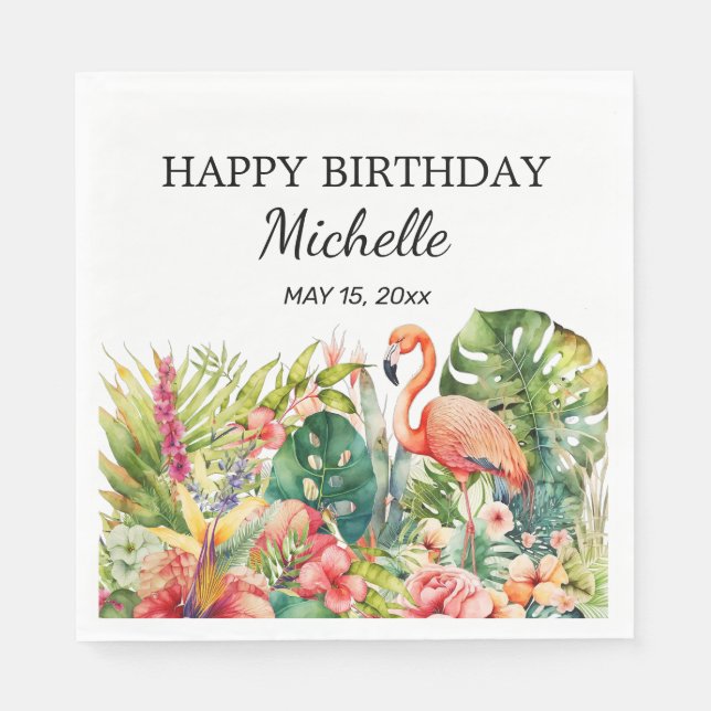 Tropical Floral Flamingo Happy Birthday Name Napkin (Front)