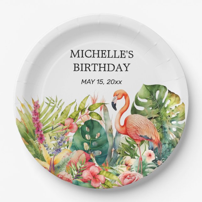 Tropical Floral Flamingo Happy Birthday Name Paper Plate (Front)