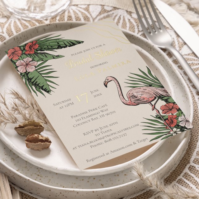 Tropical Floral Flamingo Ivory Bridal Shower Gold (Elegant & Chic Ivory Floral Flamingo & Hibiscus Flowers Tropical, Summer or Beach Wedding Invitation)
