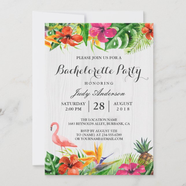 Tropical Floral Flamingo Luau Bachelorette Party Invitation (Front)
