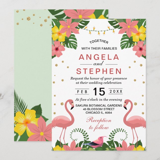 Tropical Floral Flamingo Summer Wedding Invitation (Front/Back)