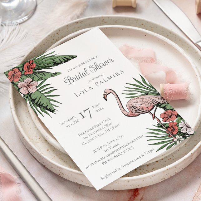 Tropical Floral Flamingo Yellow Bridal Shower Invitation (Elegant Tropical Bridal Shower Design. Hand-Drawn Pink Flamingo, Hibiscus Flowers, Tropical Greenery)