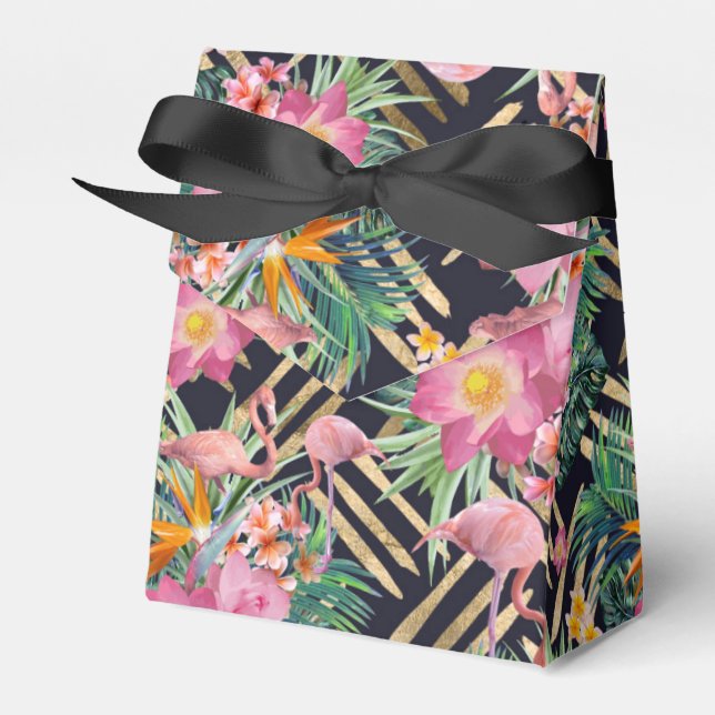 tropical floral flamingos and gold strokes favour box (Front Side)