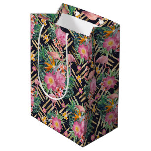 tropical floral flamingos and gold strokes medium gift bag