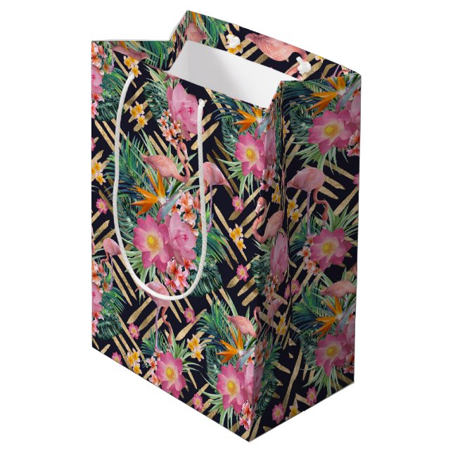 tropical floral flamingos and gold strokes medium gift bag (Back Angled)