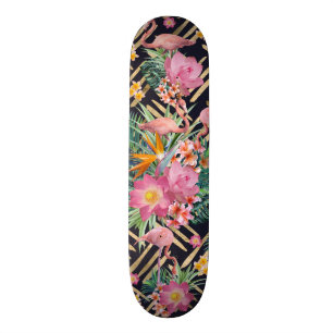 Tropical floral, flamingos and gold strokes skateboard