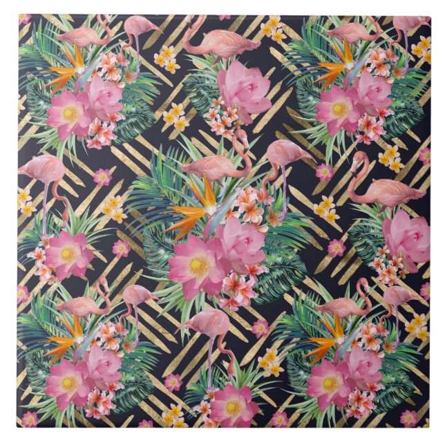 tropical floral flamingos and gold strokes tile (Front)
