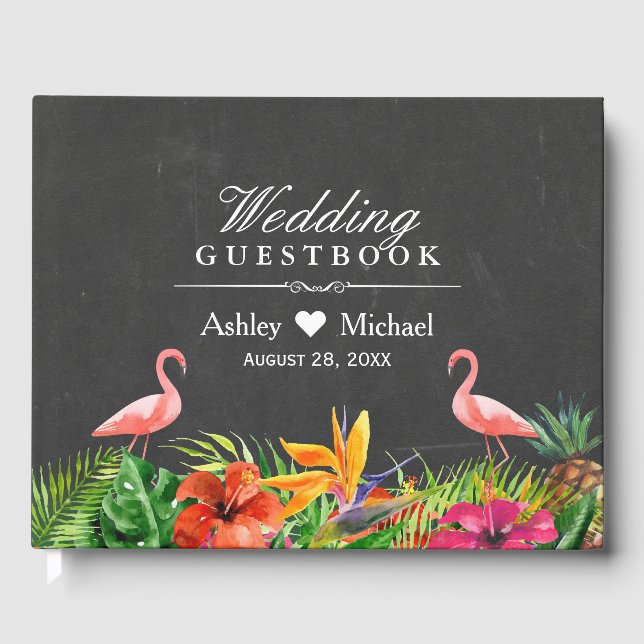 Tropical Floral Flamingos Chalkboard Wedding Guest Book (Front)