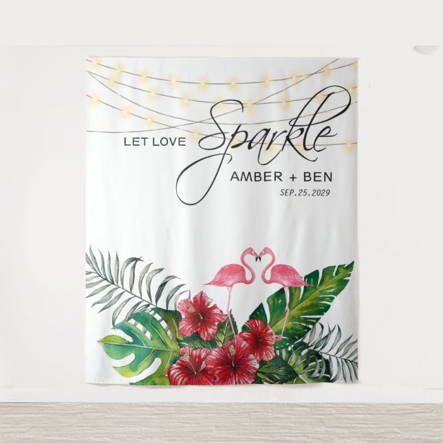 Tropical Floral Flamingos String Lights Wedding Tapestry (Front)