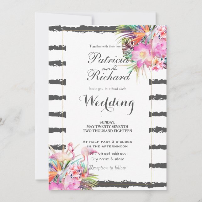 Tropical floral flamingos stripes wedding design invitation (Front)