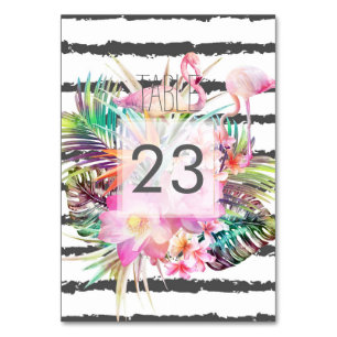 Tropical floral flamingos stripes wedding design table number