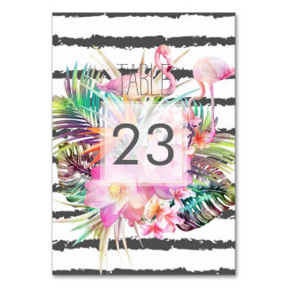 Tropical floral flamingos stripes wedding design table number