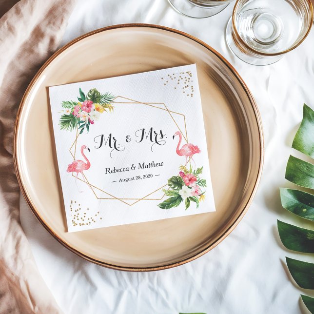Tropical Floral Flamingos Wedding Mr. and Mrs. Napkin (Creator Uploaded)